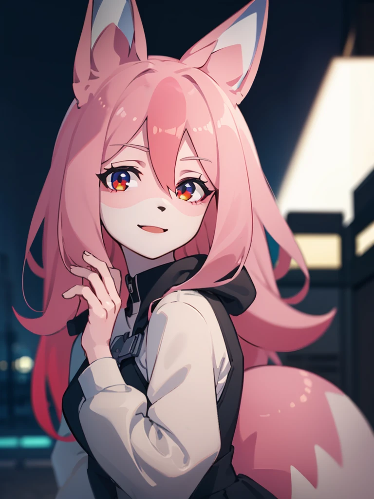 1 girl, fox girl, solo, furry,furry female, nazuna_hiwatashi, pink hair,long hair, red eyes, animal nose, fox ears, ((bushy tail, tail)), (high quality, best quality, (4k), hi res, masterpiece, beautiful, high details), <lora:nazuna:0.8>, happy, looking at viewer, night, cyber city, futuristic, looking at viewer, detailed eyes, smile, starry sky