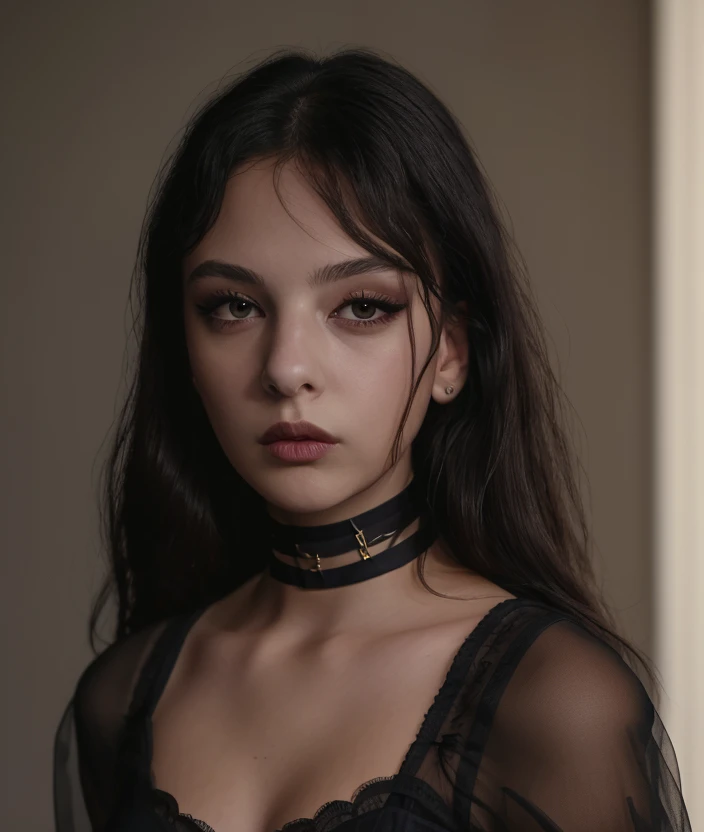 d3vcas looking at viewer, simple background, black hair, closed mouth, choker, black eyes, lips, makeup, black choker, portrait, Ultra-HD-details