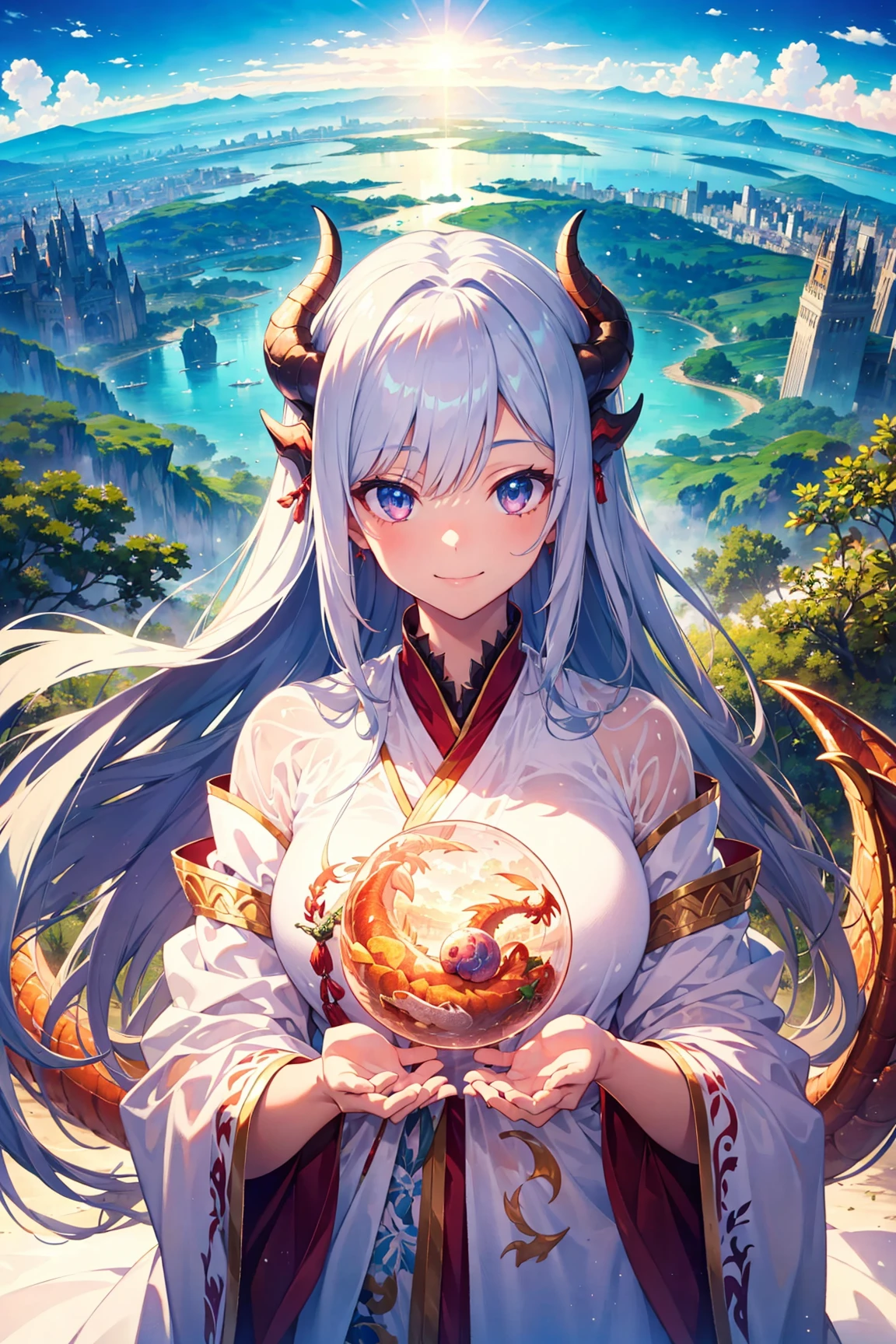beautiful detailed eyes, colorful, vivid color, 1 girl, solo, goddess, smile, (magnificent panorama view:1.3), dragon girl,white robe,((see-through, )),(full body:0.6)upper body,