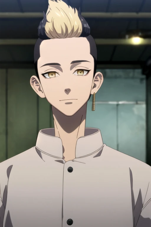 photorealistic, (4k), depth of field, (Masterpiece), (realistic skin texture), extremely detailed, intricate, hyper detailed, high resolution, professional photography, , depth of field, sharp detail, best quality, , 1boy, solo, male focus, <lora:shuuji_hanma:0.9>, shuuji_hanma, black hair, yellow eyes, blonde hair, two-tone hair, short hair, undercut, gakuran