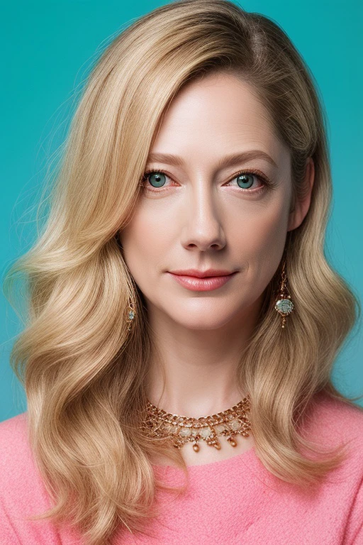 a photoshoot of JudyGreer, blonde, face focus, fashion, elegant pink outfit, light bluepink split background, jewelry, accessories, from the front