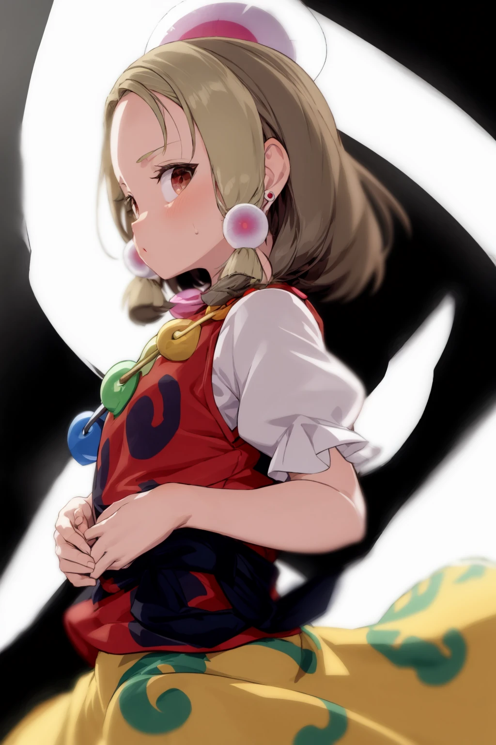 masterpiece, best quality, <lora:TamatsukuriMisumaru:1>, <lora:style04:1>,
yellow skirt, 1girl, magatama, solo, skirt, short sleeves, shirt, puffy short sleeves, jewelry, red shirt, puffy sleeves, red eyes, multicolored hair, brown hair, earrings, patterned clothing, vest, light brown hair, short hair, blouse, magatama necklace, blonde hair, hair ornament, multicolored clothes, white shirt, two-tone hair, red vest, looking at viewer, medium hair
