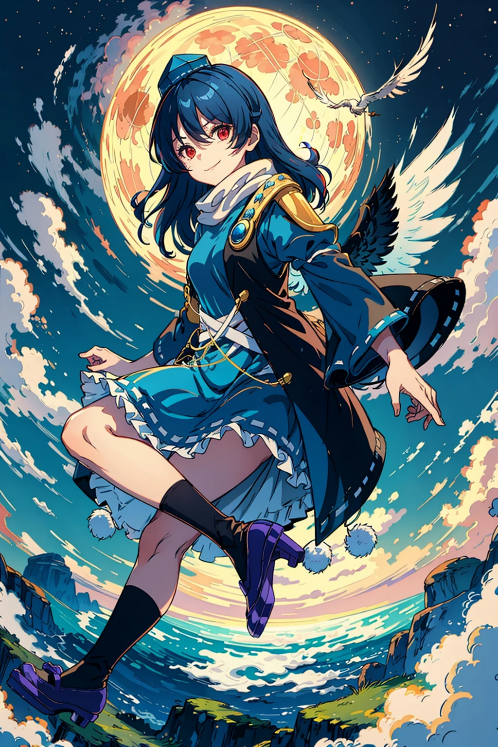masterpiece, best quality, <lora:IizunamaruMegumu:1>,
1girl, iizunamaru megumu, tokin hat, hat, dress, solo, red eyes, blue dress, wings, long hair, socks, tengu-geta, frilled dress, purple footwear, sky, pom pom (clothes), star (sky), black socks, blue hair, moon, geta, frills, night sky, hair between eyes, night, sleeveless coat, kneehighs, feathered wings, looking at viewer, gem, full body, starry sky, blue headwear, bird wings, closed mouth, blue footwear, full moon, ribbon trim, bangs, cloud, smile, black wings