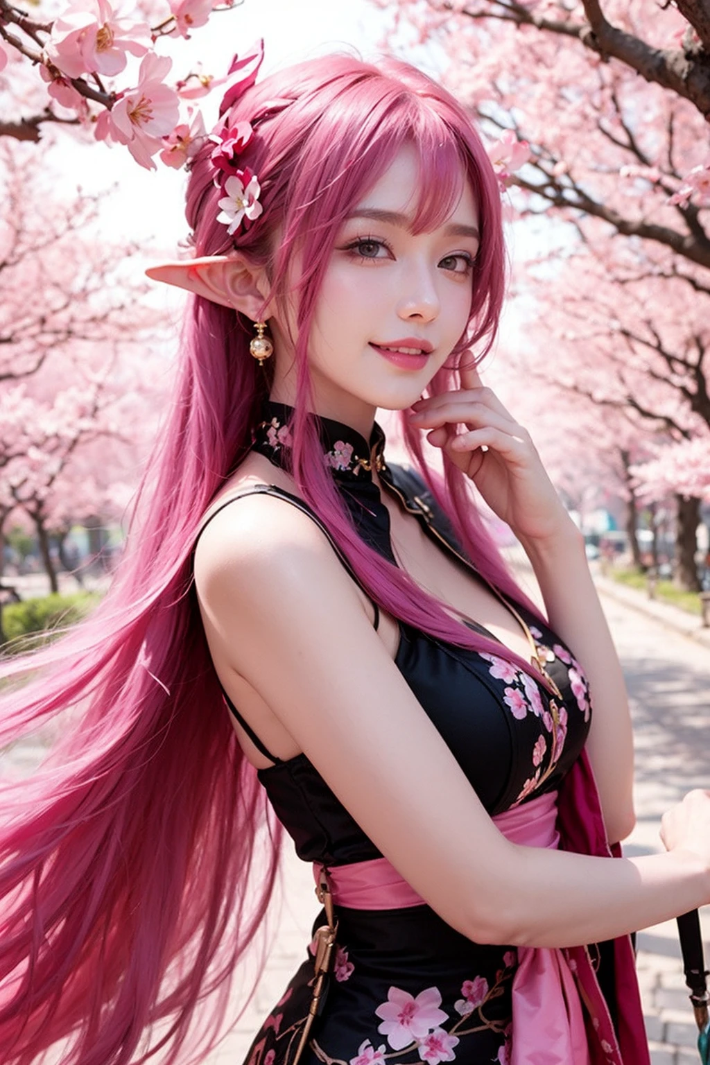 pink hair,<lora:girl_6:0.7>,super high resolution,best quality,4k,1girl,solo,pointy_ears,smile,chinese clothes,long hair,bangs,hair flower,look at the audience,hair_ornament,cherry_blossoms,flower,