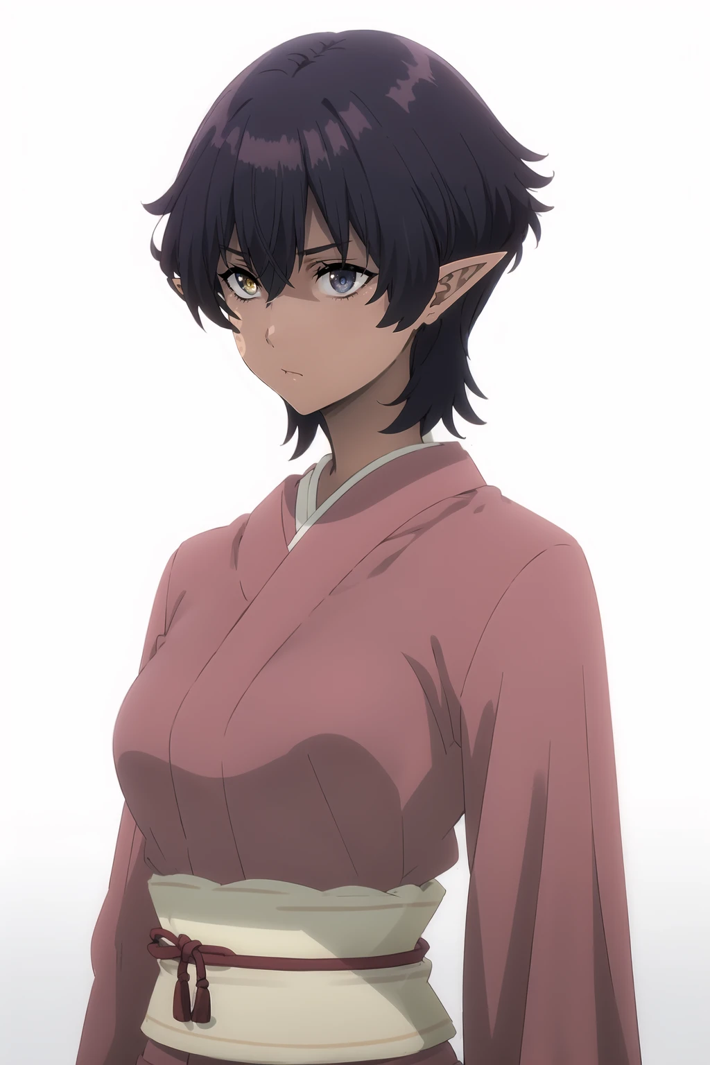 <lora:Omega_KNJ:1>, Omegadef, short hair, purple hair, heterochromia, blue eyes, yellow eyes, pointy ears, facial mark, solo, dark-skinned female, medium breasts,
pink kimono,
standing, upper body, looking at viewer, arms at sides, portrait,