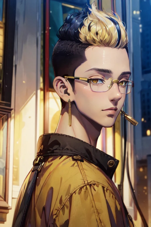 (best quality:1.1), (masterpiece:1.4), photorealistic, , , , , , 1boy, solo, male focus, <lora:shuuji_hanma:0.96>, shuuji_hanma, black hair, yellow eyes, blonde hair, two-tone hair, short hair, undercut, , , , 2k resolution