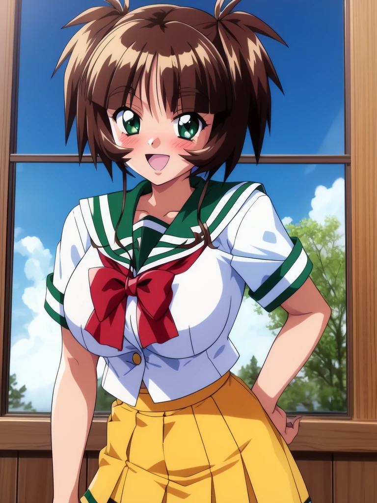 <lora:Ichimonji_Akane:0.8>,IchimonjiAkane, 1girl, solo, school uniform, smile, Yellow_skirt, blush, looking at viewer, 1990s (style), red_bow, pleated skirt, serafuku, twintails, shirt, short sleeves, open mouth, large_breasts,
school in the room, sky,
masterpiece, high quality, very_high_resolution, large_filesize, full color,