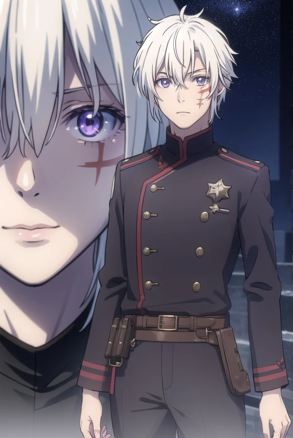 allenwalker, <lora:allen walker hallow s1-lora-nochekaiser:1>,
allen walker, (purple eyes:1.1), white hair, male focus, scar, facial mark,
BREAK uniform, military, military uniform,
BREAK outdoors, city, starry sky, night, moon,
BREAK looking at viewer, (cowboy shot:1.5),
BREAK <lyco:GoodHands-beta2:1>, (masterpiece:1.2), best quality, high resolution, unity 8k wallpaper, (illustration:0.8), (beautiful detailed eyes:1.6), extremely detailed face, perfect lighting, extremely detailed CG, (perfect hands, perfect anatomy),