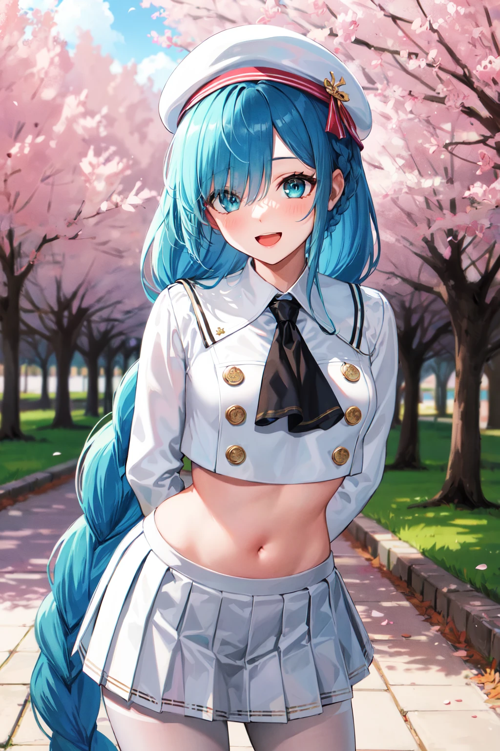 masterpiece, best quality, highres, 1girl, solo, very long hair, blue hair, braided ponytail, beret, white headwear, blue eyes, black neckerchief, crop top, white shirt, long sleeves, midriff, pleated skirt, white skirt, white pantyhose, <lora:janus_v1:0.7>, standing, cowboy shot, leaning forward, arms behind back, smile, open mouth, cherry blossoms,