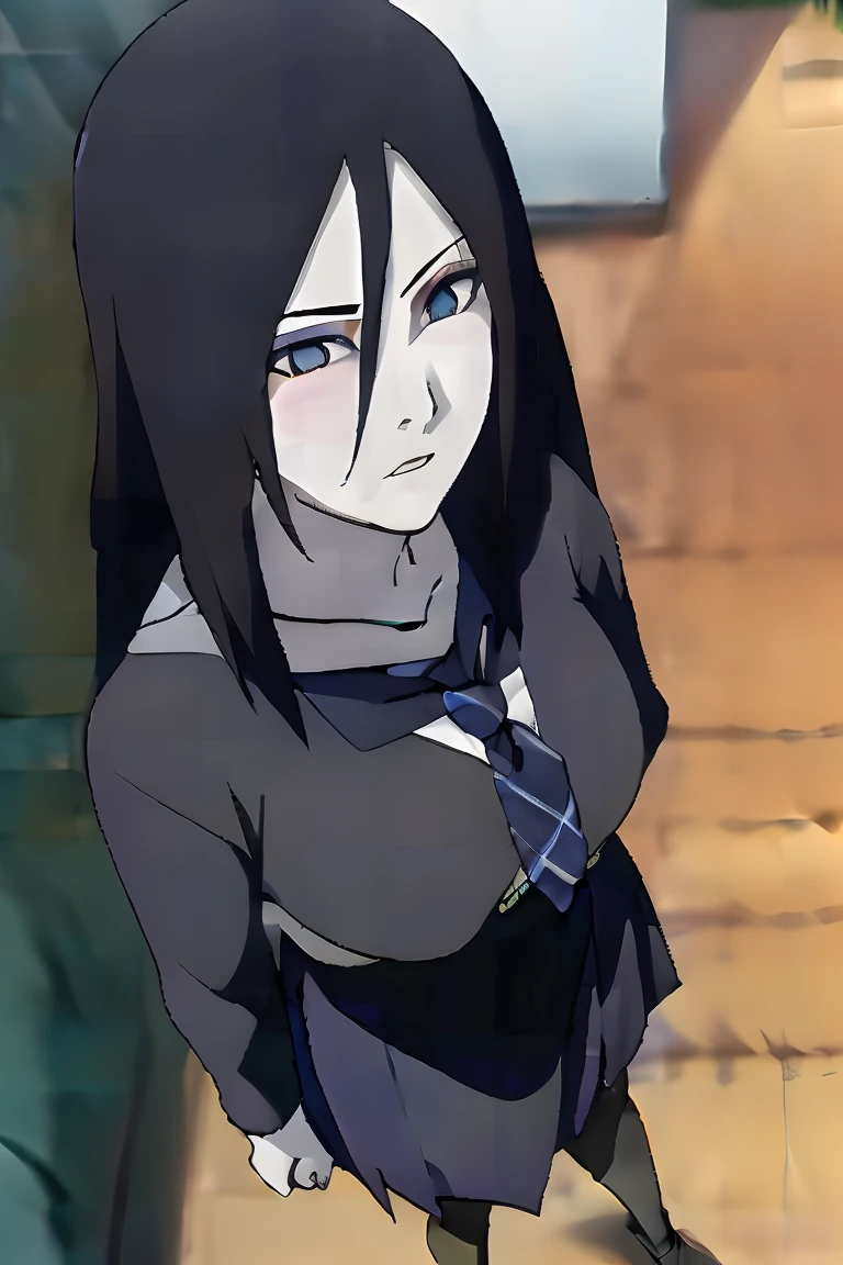 best quality,masterpiece,(1girl,solo:1.1),full body,(large breasts:1.1),sexy,blush,long hair,blue eyes,school uniform,plaid necktie,Plaid skirt,pantyhose,black footwear,<lora:orochimaruV1:1>,female pov,