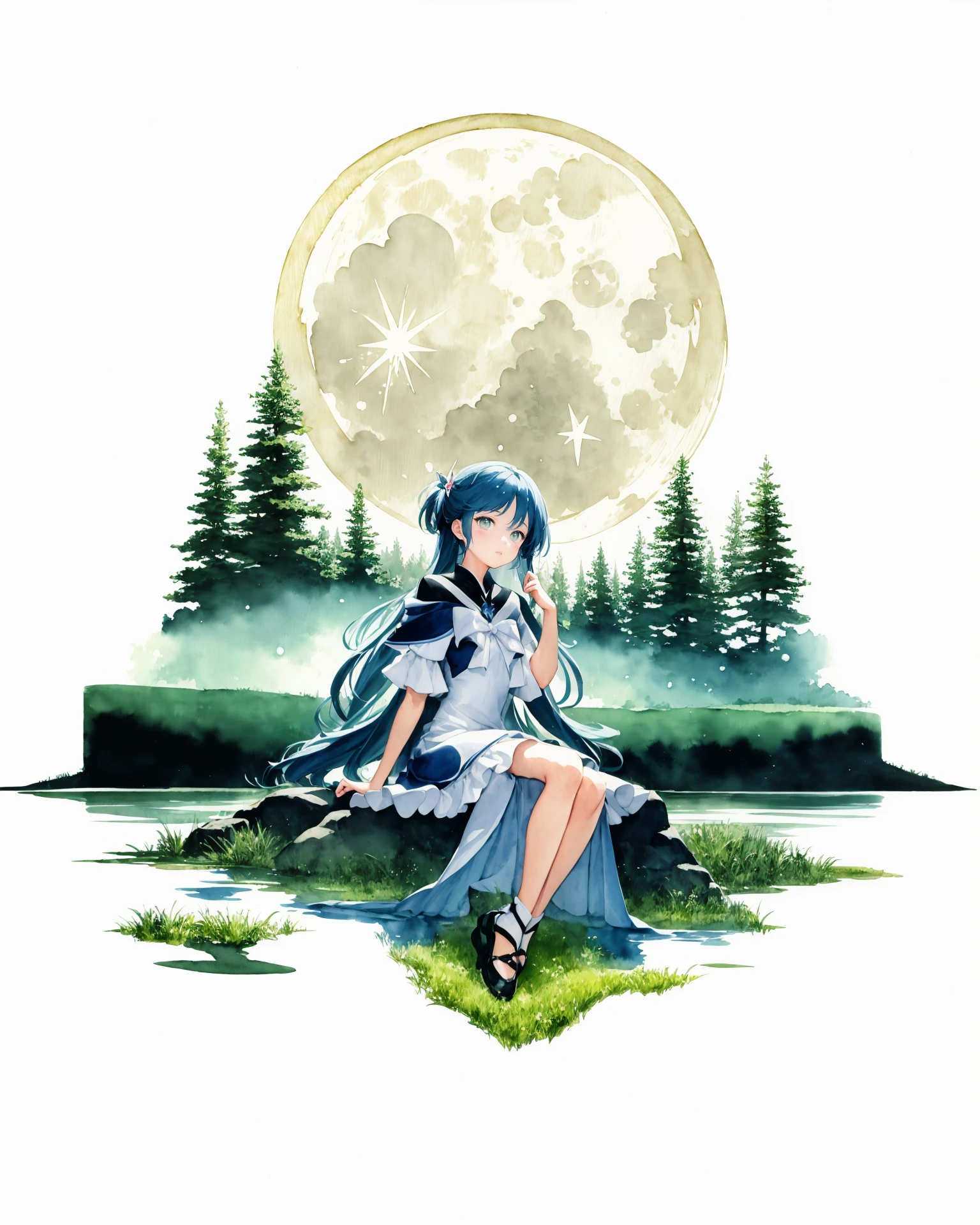 [(white background:1.5), ::2]1girl, solo, (isometric:0.75), 
a watercolor painting of a long hair girl, rococo dress, sitting beside lake, moon, entitled light, moon and stars, in the style of magical girl, colorful absurdism, oshare kei, dreamlike illustration, vibrant colorscape, dansaekhwa, multilayered