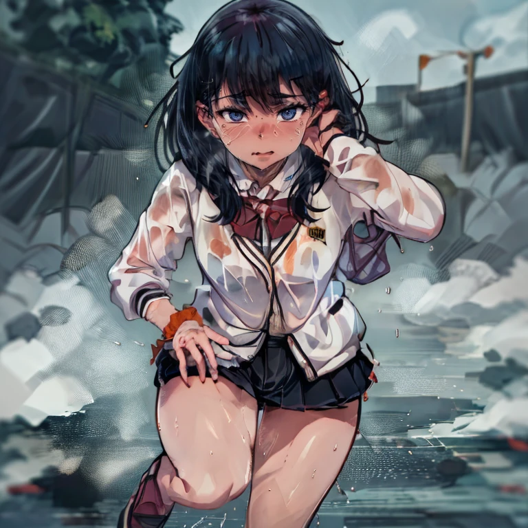 ((top quality, 8k wallpaper)),(masterpiece, best quality),extremely detailed,high definition,(official art:1.3),(((anime screencap,black outline))),<lora:more_details:0.3>,<lora:LCM_LoRA_Weights_SD15:1>,1girl,solo,blush,half-closed eyes,steaming body,heavy breathing,sick,
<lora:takarada_rikka_v1:1>, rikka1,1girl,takarada rikka,black hair,solo,blue eyes,wrist scrunchie,long hair,red socks,school uniform,black skirt,bangs,pleated skirt,orange scrunchie,red bow,white cardigan,long sleeves,bowtie,white shirt,miniskirt,white sweater,
BREAK
<lora:sweatAthlete:0.4>,(((sweat,sweatdrop,flying sweatdrops, sweating profusely,wet,wet clothes,wet hair,messy hair))),exhausted,exercise,stadium,outdoors,running track,running,