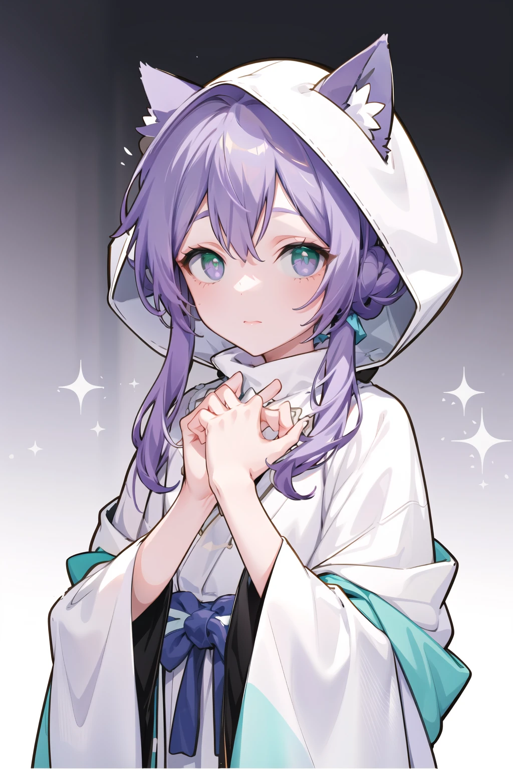 ((masterpiece)), 1girl, solo, <lora:saltMaimaiAnything1.6.4:0.85>, high Detail,
cat ears, green pupils, (purple eyes, green eyes, multicolored eyes,:1.1) ,looking at viewer, closed mouth, grey purple hair,
cowboy shot, <lora:shiromuku:0.45>, shiromuku, white hood,white kimono, cat ear covered under hood,(full body:1.1), (hands on own chest:1.2), straight-on,