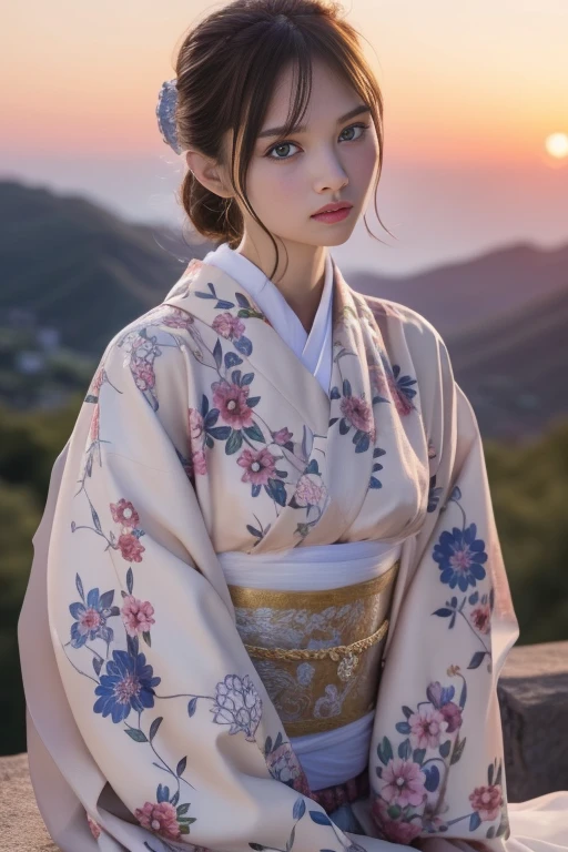 1girl,(wearing a gorgeous floral pattern kimono:1.2),(RAW photo, best quality), (realistic, photo-realistic:1.4), masterpiece, an extremely delicate and beautiful, extremely detailed, 2k wallpaper, Amazing, finely detail, extremely detailed CG unity 8k wallpaper, ultra-detailed, highres, soft light, beautiful detailed girl, extremely detailed eyes and face, beautiful detailed nose, beautiful detailed eyes,cinematic lighting,on a mountain top,sunrise,new year sunrise,perfect anatomy,slender body,<lora:new_hefu_:0.6> <lora:fujisakinagi_lora:0.8>