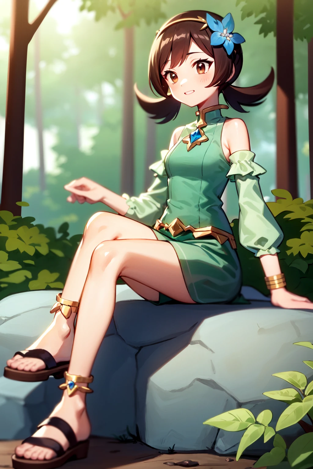 solo,  lyra,  green dress,  hair band,  blue flower,  sitting on rock,  forest,  detatched sleeves,  sandals,  anklet,  jewelery,  green skirt,<lora:EMS-255339-EMS:0.800000>