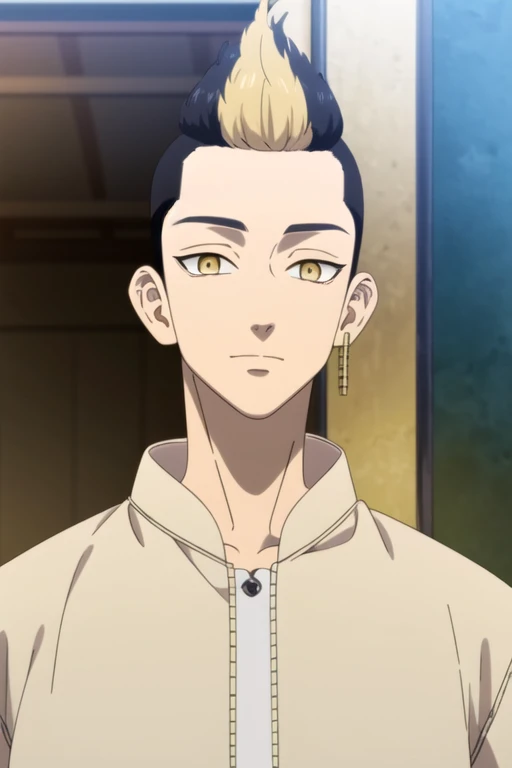 (best quality:1.1), (masterpiece:1.4), game cg, looking at viewer, upper body, depth of field, anime coloring, , 1boy, solo, male focus, <lora:shuuji_hanma:0.86>, shuuji_hanma, black hair, yellow eyes, blonde hair, two-tone hair, short hair, undercut,