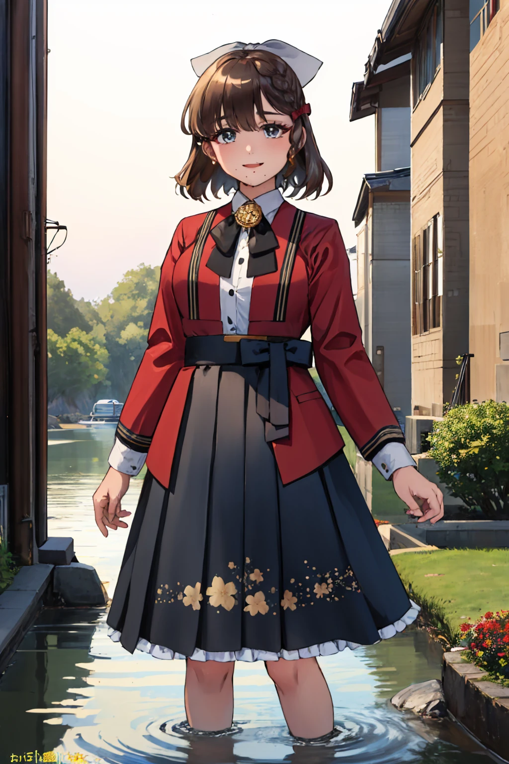 (masterpiece, best quality:1.2), solo, 1girl, kcasahi, mole, smile, looking at viewer, wading, braid, hair bow, red jacket, long sleeves, shirt, ribbon, skirt <lora:kancolle_asahi-10:1>