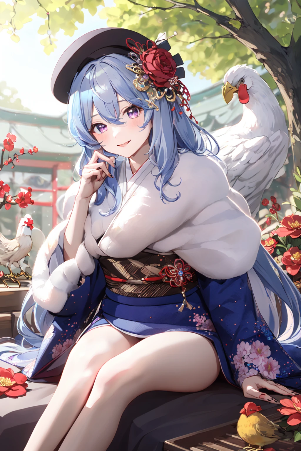 (masterpiece:1.2),best quality,PIXIV,
1girl,bird,hair ornament,smile,flower,solo,sitting,arrow (projectile),japanese clothes,long hair,looking at viewer,purple eyes,chicken,hair flower,kimono,hamaya,animal,blush,tree,wide sleeves,hairclip,striped,hat,bangs,earrings,closed mouth,red flower,jewelry,holding arrow,long sleeves,x hair ornament,vertical stripes,chinese zodiac,hair between eyes,beret,grey hair,nengajou,branch,sash,skirt,
<lora:happy new year_20240102112354-000018:1>,