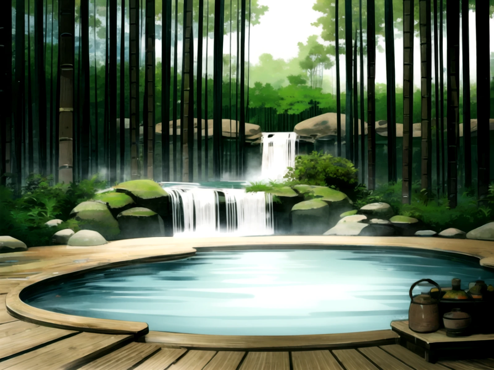 <lora:Hyakka Ryouran Samurai Girls Test:1> (thick outlines, anime coloring, colorful, promotional art, novel illustration), scenery, still life, no humans, bamboo forest, onsen, steam, rock, waterfall, east asian architecture,