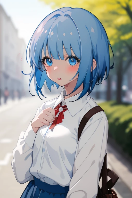 blue eyes,solo,1girl,blue hair,looking at viewer,blurry background,shirt,bangs,blurry,upper body,short hair,parted lips,blush,hand on own chest,long sleeves,jacket,hair between eyes,white jacket,collared shirt,white shirt,red ribbon,<lora:xiaoyezi-000008:0.8>,<lora:add_detail(ç»èå¾®è°):-0.25>,