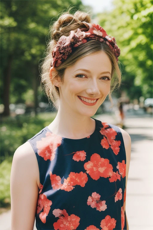 a real photo of JudyGreer, hair up, posing outside, big smile, floral print, hair accessory, street photography, sleeveless