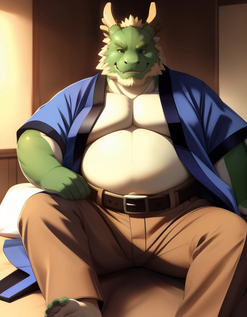 (((detailed eyes, detailed face))), (bara, tappei <lora:character_tappei_findigo_v3:1>, dragon old man, blonde facial hair, antlers), male, (plump, fat, chubby, overweight), (blue happi, open kimono, short sleeves, brown pants, belt), sitting, arms behind back, smile BREAK (konzaburou, ukan_muri, cute), bedroom, (flat shading, [flat color], high brightness <lora:add_brightness:1>), 8k, UHD, masterpiece, (full body)