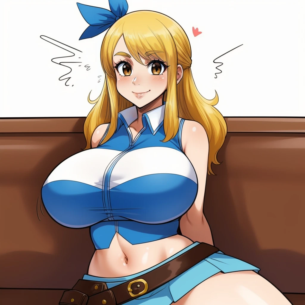 (masterpiece, best quality:1.3), Pinkoffin, 1girl, solo, looking at viewer, seductive smile, blushing, simple background, white background, closed mouth, wide hips, huge breasts, cowboy shot, mature female, thick thighs, <lora:Pinkoffin Style Lora:.85>, blonde hair, (light brown eyes), lucy heartfilia, long hair, white shirt, sleeveless, belt, blue skirt, midriff, <lora:lucy_heartfilia_v11:.8>