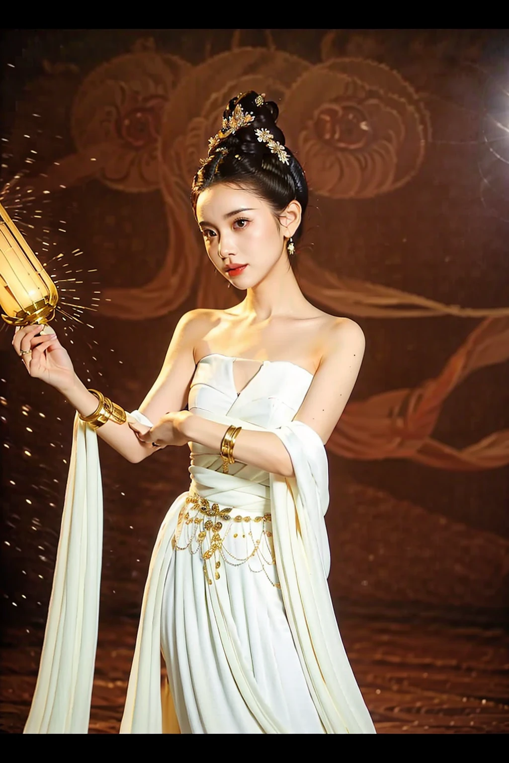best quality, masterpiece,ultra high res,highres, illustration. media, delicate,8k wallpaper,soft light,official art,professional lighting, photon mapping, radiosity, physically-based rendering,1girl, armlet, bare shoulders, bracelet, dress, hair bun, hair ornament, jewelry, solo, white dress, wristband,<lora:æ¦ç
:0.8>