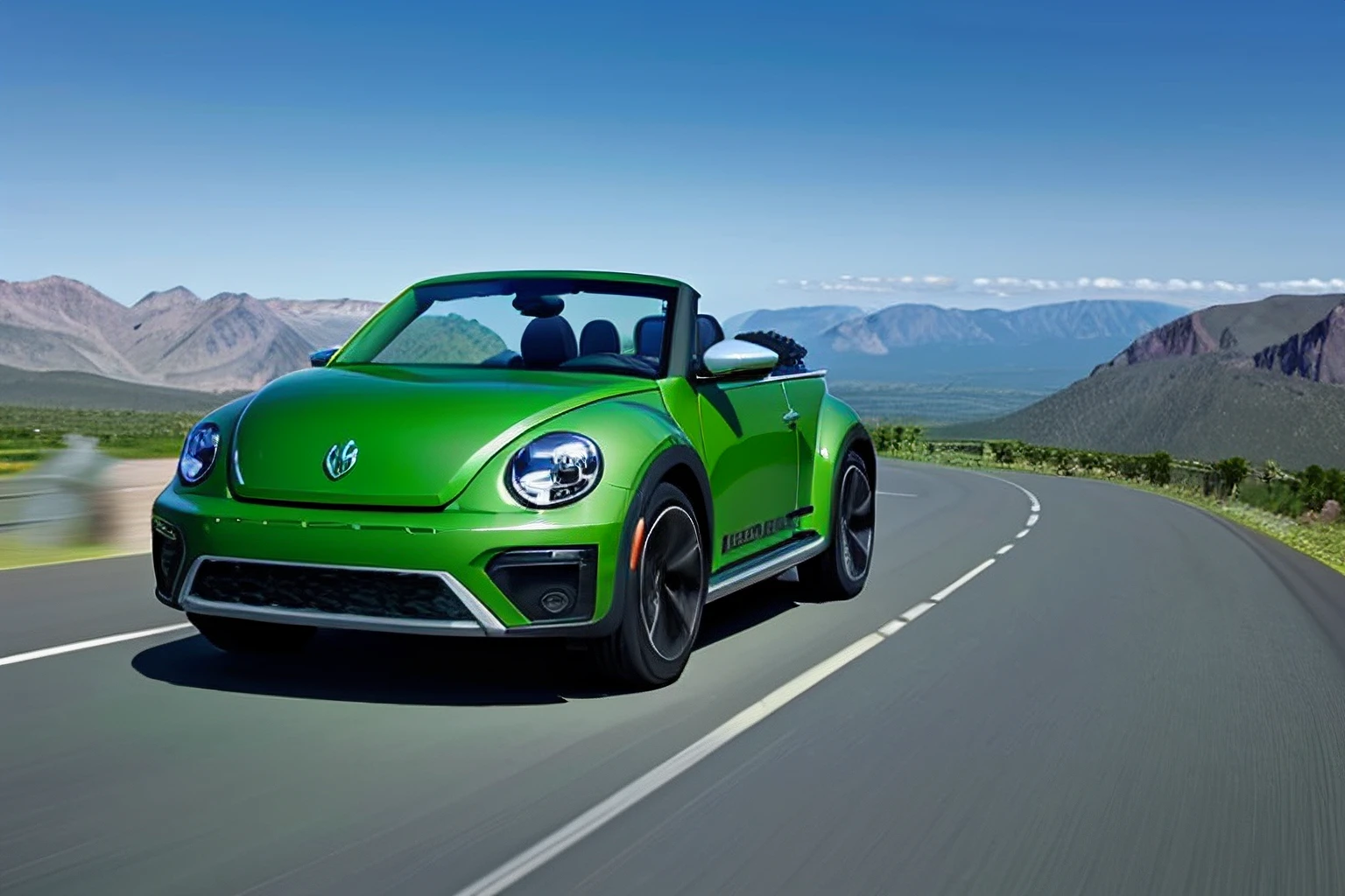 landscape, winding road, mountains in the background, green DuneBeetle, convertible car,
<lora:DuneBeetleSD:0.8>
