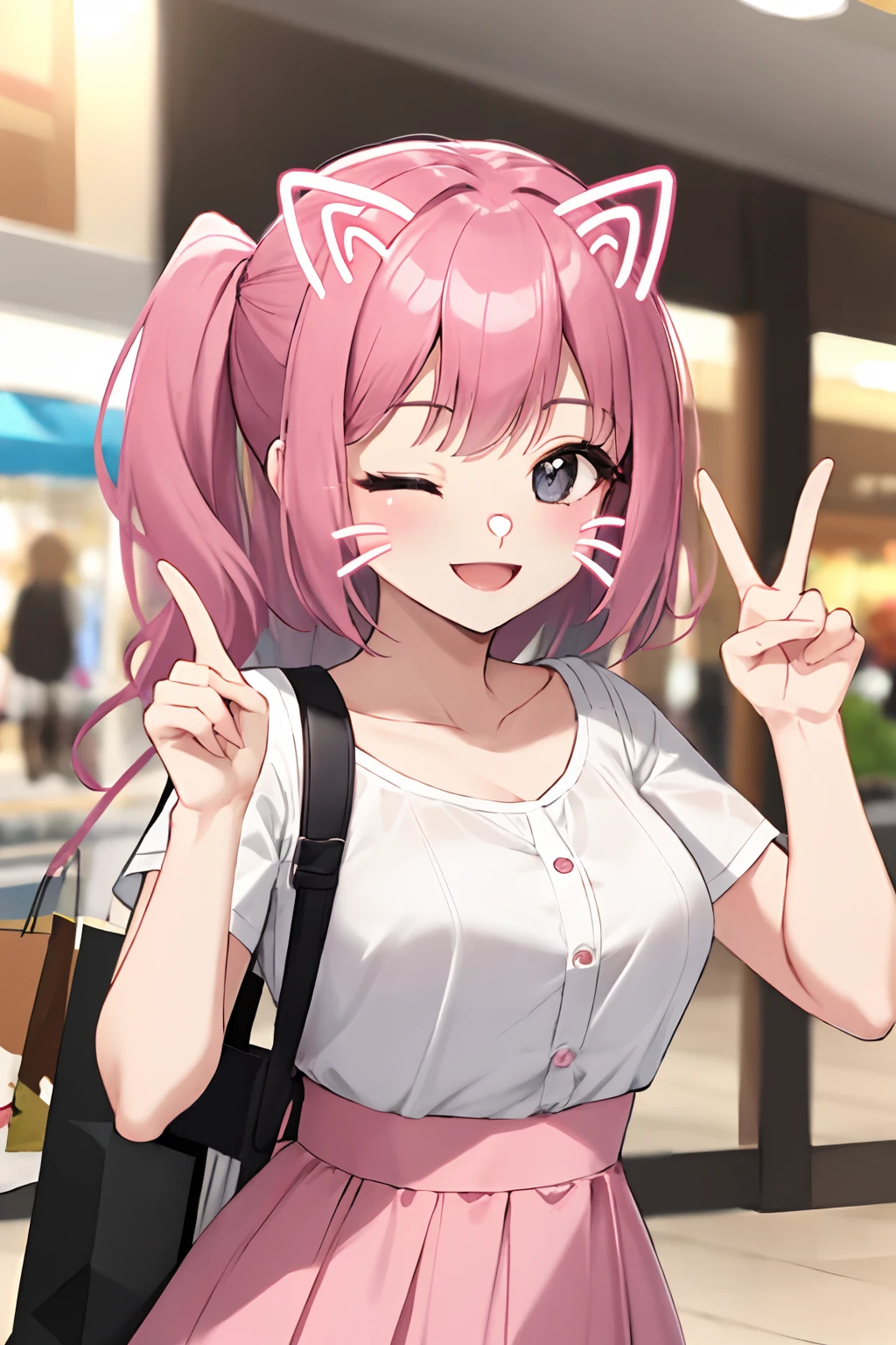 solo, hires,high resolution, catfacefilter,face filter, (pink face filter:1.1),drawn ears, drawn nose, drawn whiskers, drawn hearts, hearts <lora:cat face filter v1:1.0>, happy, smile, (one eye closed:1.1), peace sign, shirt, skirt, shopping, mall, walking, upper body