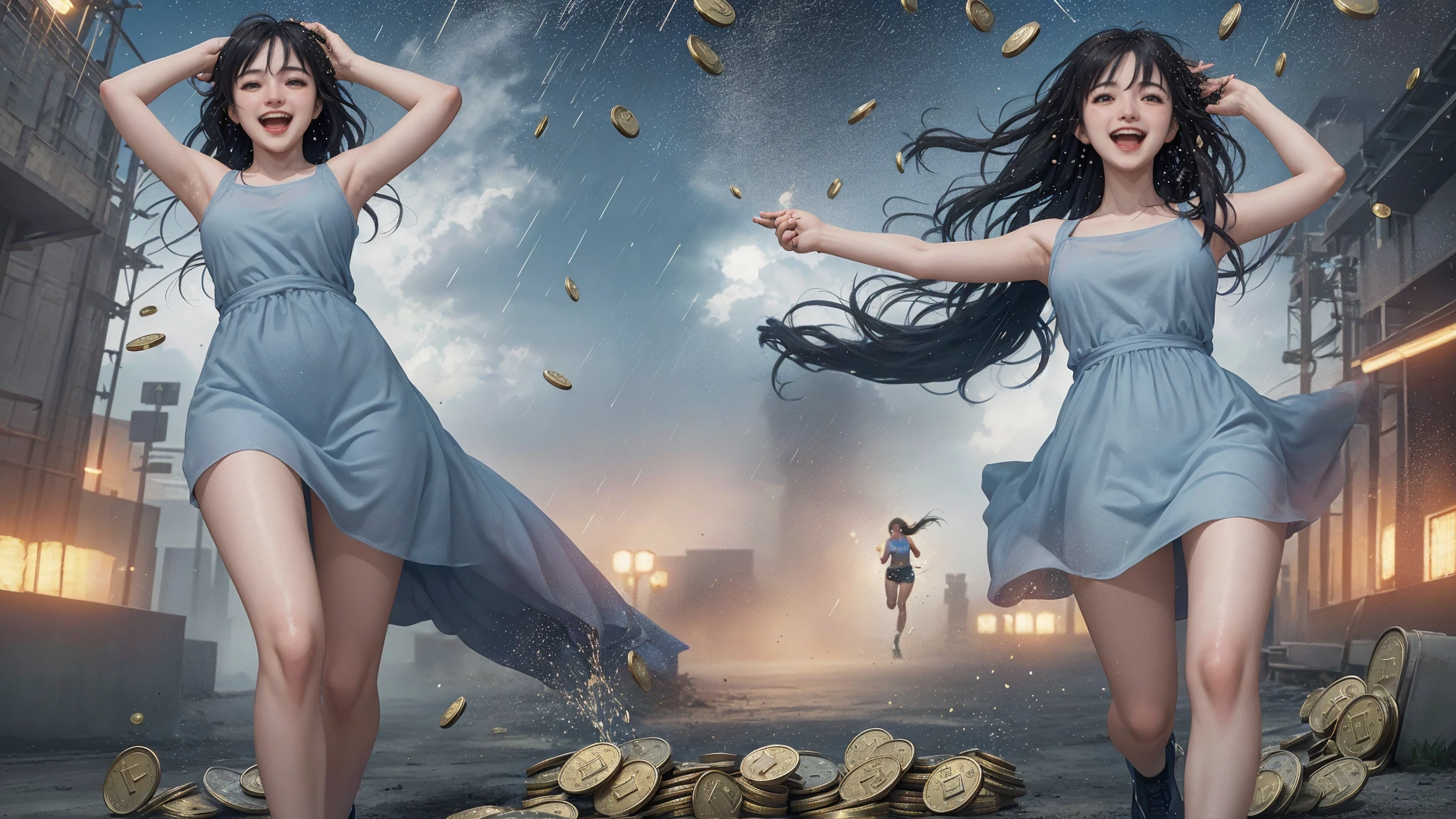 <lora:that is me:0.5>, 1girl,solo, (running Lady Knight, raining gold coins from the sky, gold coins crashing down on the head of the female knight, the female knight holding her head in delight, grand epic scene):1.6, beautiful face,long hair,cinemagraph, close-up, Wide Angle, movieer, movie theacrazy laugh, crazyï¼
from below,masterpiece,best quality,official art,extremely detailed CG unity 8k wallpaper, sharpening, <lora:run:0.5>run,running,sky,coins,