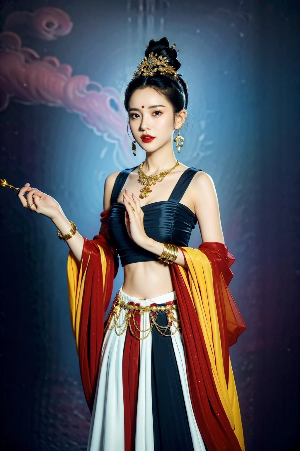 best quality, masterpiece,ultra high res,highres, illustration. media, delicate,8k wallpaper,soft light,official art,professional lighting, photon mapping, radiosity, physically-based rendering,1girl, beads, black hair, blue background, bracelet, breasts, brown eyes, chinese clothes, cleavage, earrings, hair ornament, jewelry, lips, lipstick, makeup, medium breasts, midriff, navel, necklace, solo,<lora:æ¦ç
:0.7>