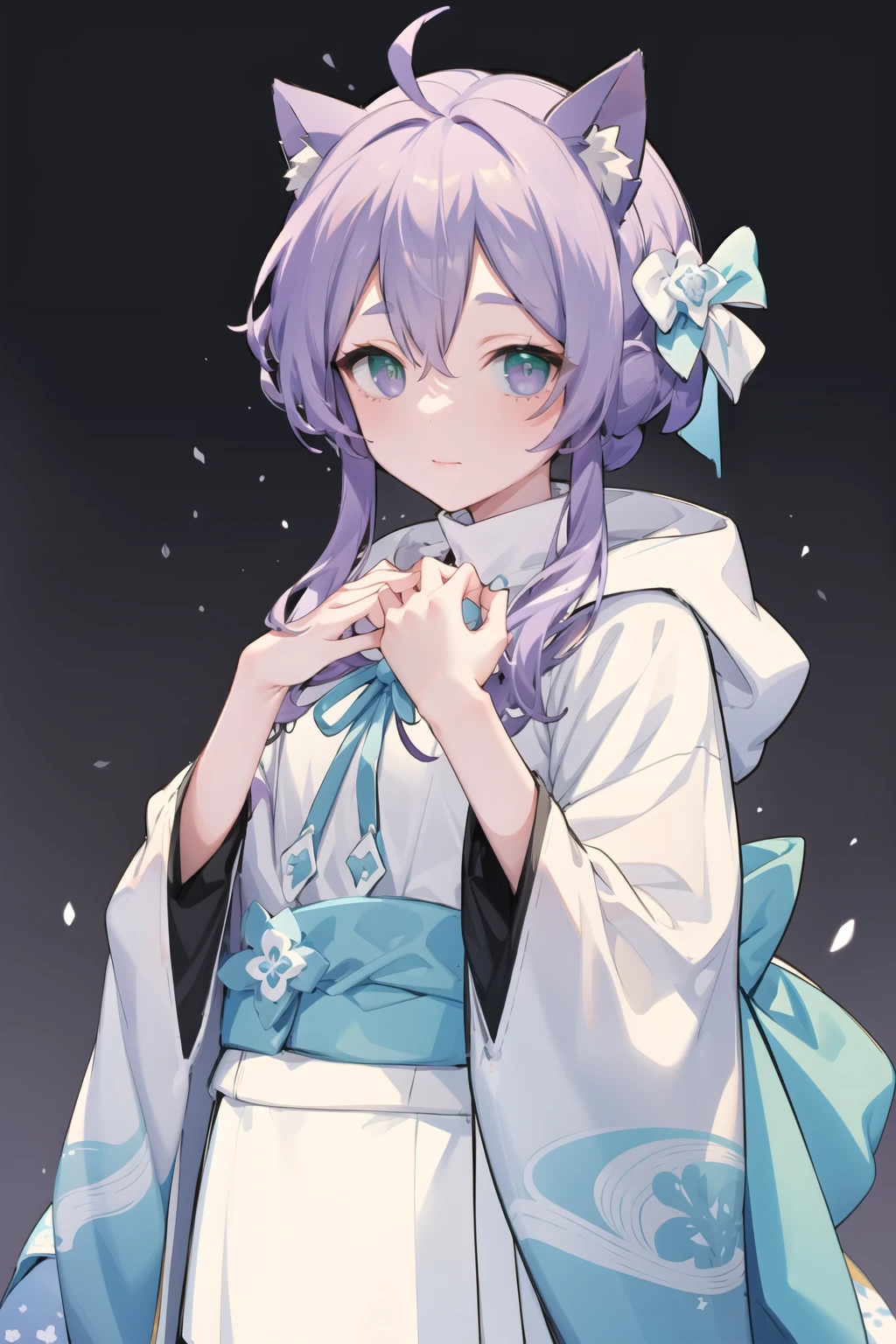 ((masterpiece)), 1girl, solo, <lora:saltMaimaiAnything1.6.4:0.85>, high Detail,
cat ears, green pupils, (purple eyes, green eyes, multicolored eyes,:1.1) ,looking at viewer, closed mouth, grey purple hair,
cowboy shot, <lora:shiromuku:0.45>, shiromuku, white hood,white kimono, cat ear covered under hood,(full body:1.1), (hands on own chest:1.2), straight-on,