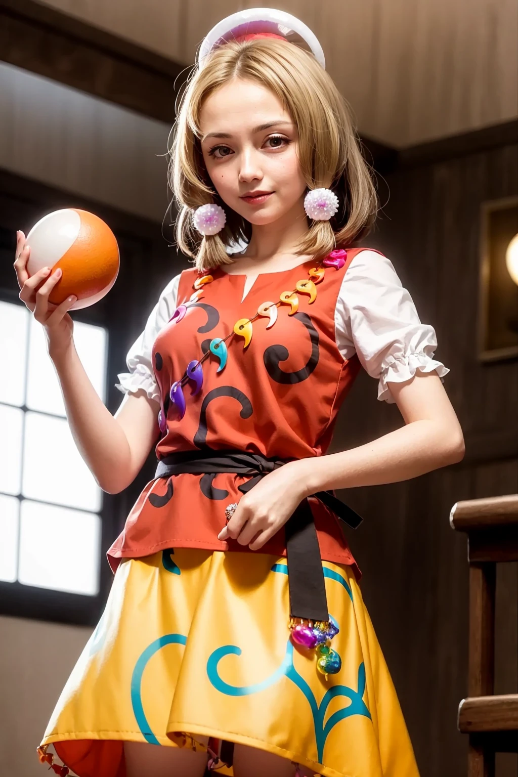 masterpiece, best quality, <lora:TamatsukuriMisumaru:1>,mature female, smile,
1girl,tiara,blonde hair,brown hair, multicolored hair,short hair,brown eyes, orb,jewelry,gem, magatama, rainbow orde,red vest,white shirt,puffy short sleeves, orange skirt, sash,