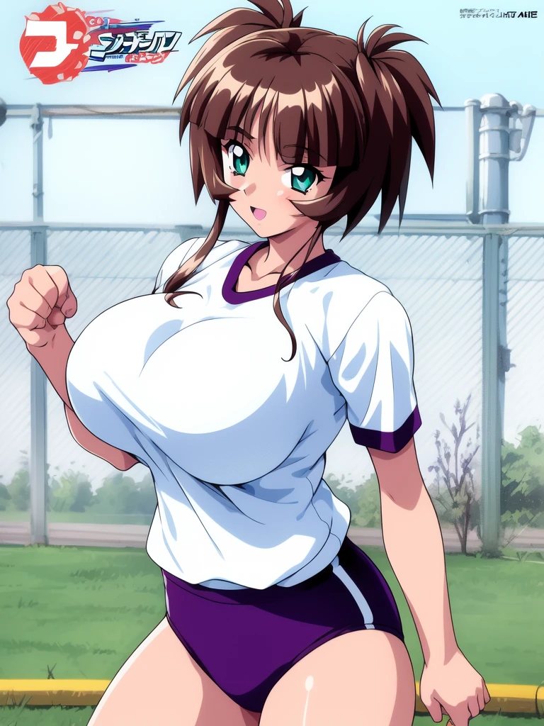 <lora:Ichimonji_Akane:0.8>,ãIchimonjiAkane, 1girl, solo, buruma, gym uniform, chain-link fence, huge_breasts, clenched hand, shirt, cowboy shot, red buruma, fence, standing, short hair with long locks, short sleeves, aqua eyes, clenched hands, copyright name,
masterpiece, high quality, very_high_resolution, large_filesize, full color,