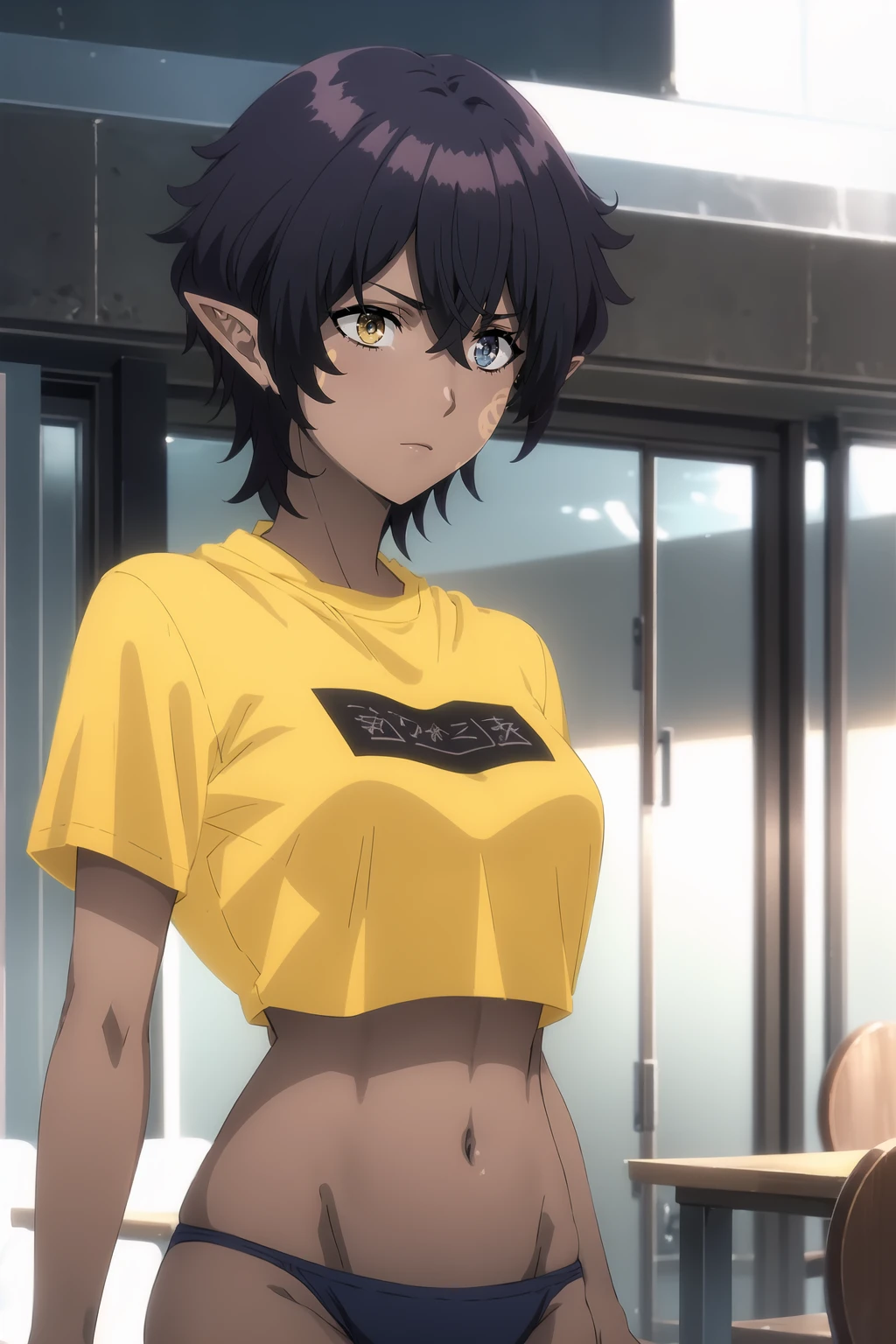 <lora:Omega_KNJ:0.9>, Omegadef, short hair, purple hair, heterochromia, blue eyes, yellow eyes, pointy ears, facial mark, solo, dark-skinned female,
yellow shirt, no pants, black bikini, t-shirt, short sleeves, crop top,
portrait, upper body, looking at viewer,