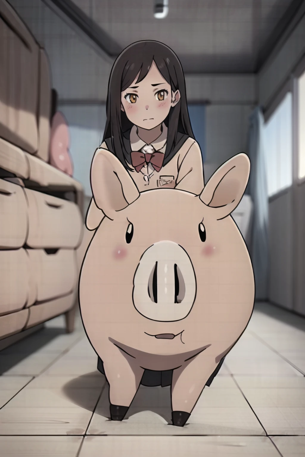 (masterpiece:1.4),high quality,high definition,sharp focus,detailed clothes,detailed body,detailed face,anime,best quality,8k,intricate detail,highres,extremely detailed,16 yo cute girl,school uniform,white footwear,checkered_skirt,room,the girl is holding a pig,<lora:Hawk_V1:1>,<lora:orochimaruV2:0.5>,