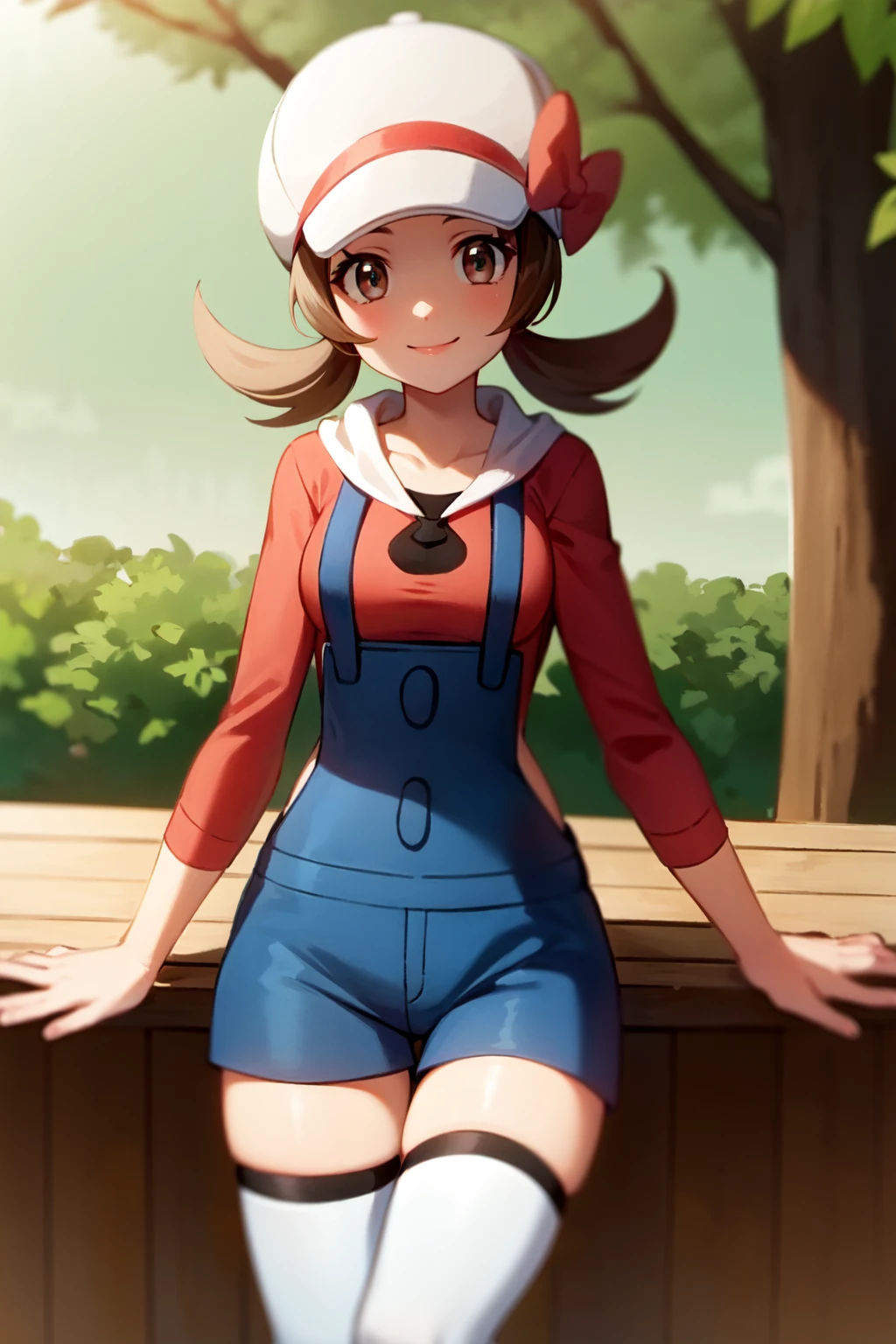 solo,  lyra,  red shirt,  denim shorts,  overalls,  white thighhighs,  cabbie hat,  white headwear,  bow,  looking at viewer,  forest,  smile,<lora:EMS-255339-EMS:0.700000>