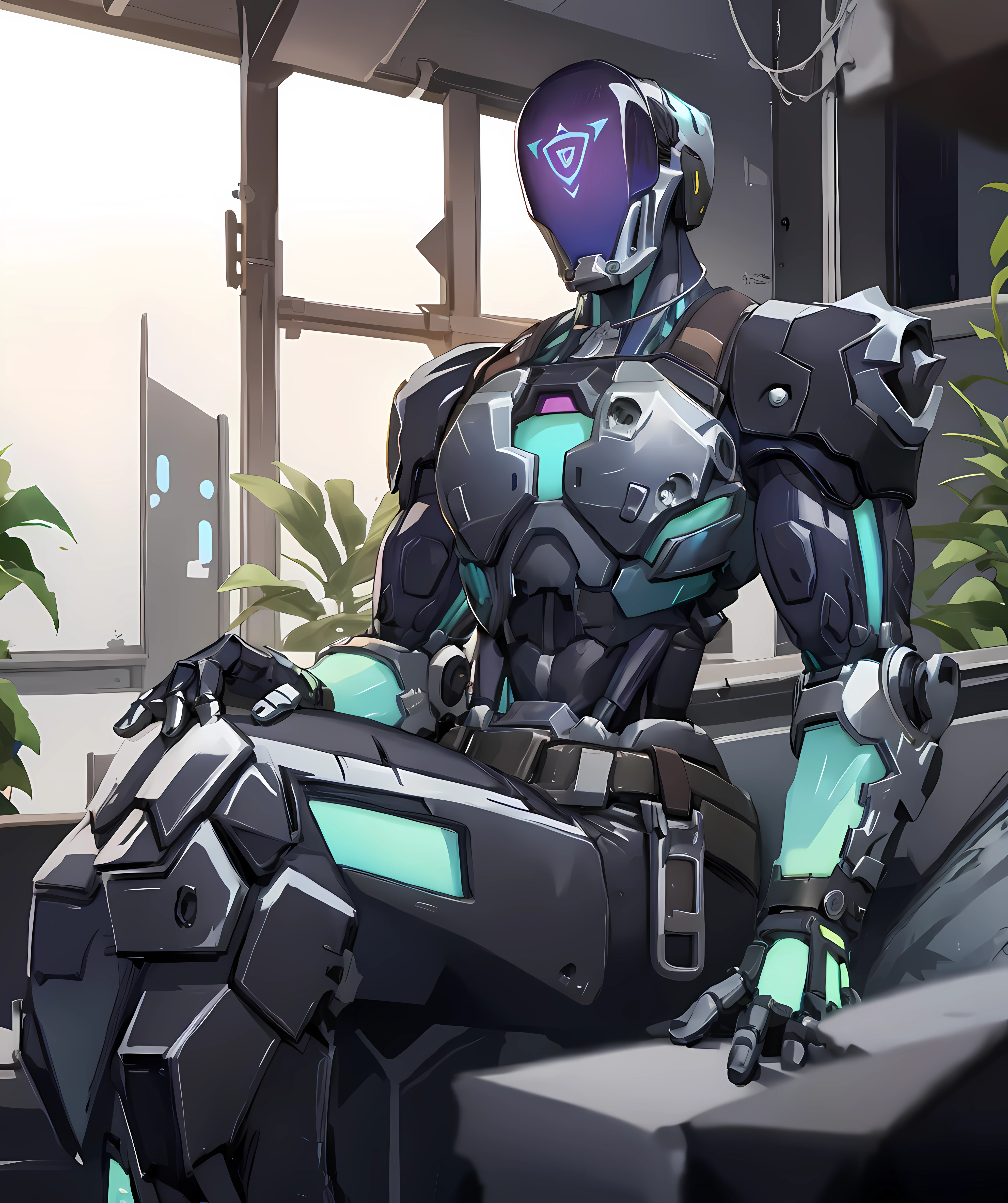 kay/o, standing, robot, muscular, looking to viewer, pants, sitting down <lora:Kayo:0.84>