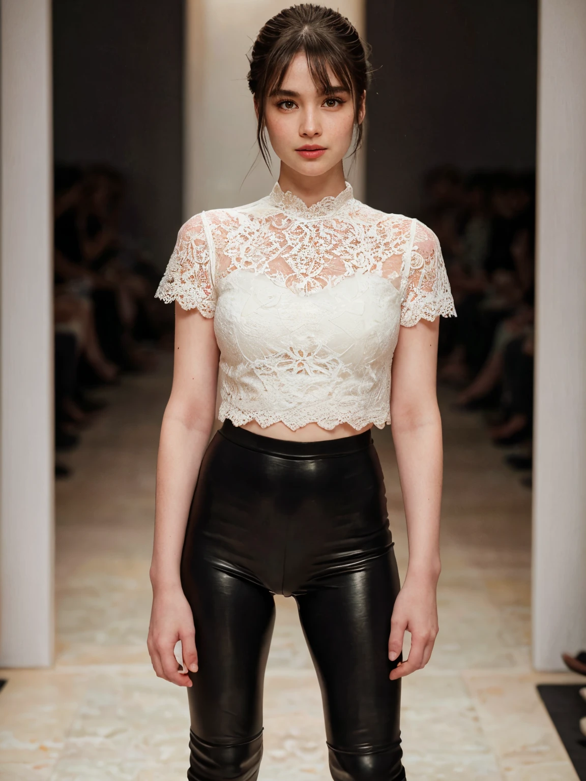 anime artwork a beautiful girl, red hair, (Top Knot Curls with Bangs), asian, ((Sad, downturned mouth, drooping eyelids, and furrowed brow.)), (perfect eyes), (((Lace blouse, leather leggings, ankle boots))), ((fashion catwalk)), bright and vivid colors, (intense lighting: 1.3), (white frame:1.2), extremely detailed, detailed background, cinematic, PA7_Photo, PA7_Human-Likeness, <lora:PHM_-_Kim_Domingo_LoRA:1> kimdomingo . anime style, key visual, vibrant, studio anime, highly detailed<lora:PAseer-SD15-LCM Quick:1.0><lora:PAseer-SD15-LCM Quick:1.0>