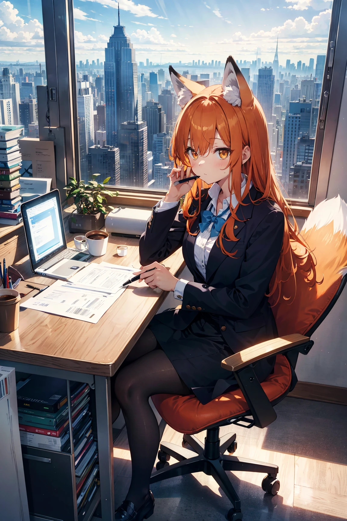 1girl, fox girl, orange hair, white fox ears, long hair, fox tail, office lady outfit, pantyhose, office scenery, tired expression, sitting on office chair, office tables, computer, documents, paperwork, pen, coffee cup, staple, messy, intricate details, city view, HDR, highres, best quality, masterpiece,