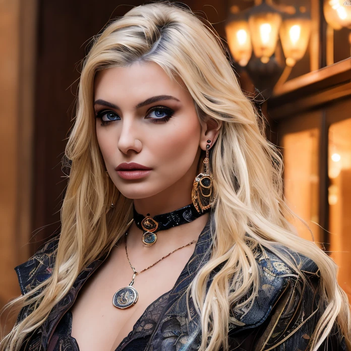 (masterpiece:1.2), (best quality,:1.2), 8k, HDR, ultra detailed, ((photorealistic)), professional light, cinematic lighting, fashion photography, ambient lighting, face lighting, Brittany, <lora:Brittany-10:1>, earrings, choker, necklace, messy and long hair, dark makeup, dynamic pose, looking at viewer, <lora:detail_slider_v4:2.5>, ((portrait shot)), OverallDetail, fhanddetail, ffacedetail,