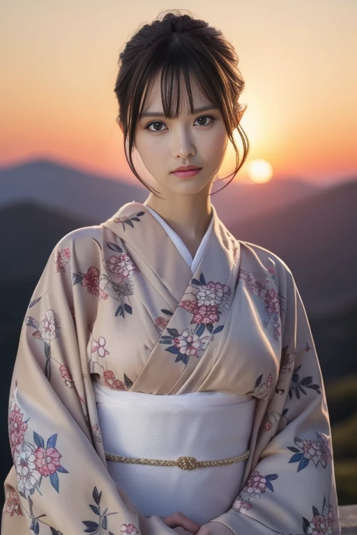 1girl,(wearing a gorgeous floral pattern kimono:1.2),(RAW photo, best quality), (realistic, photo-realistic:1.4), masterpiece, an extremely delicate and beautiful, extremely detailed, 2k wallpaper, Amazing, finely detail, extremely detailed CG unity 8k wallpaper, ultra-detailed, highres, soft light, beautiful detailed girl, extremely detailed eyes and face, beautiful detailed nose, beautiful detailed eyes,cinematic lighting,on a mountain top,sunrise,new year sunrise,perfect anatomy,slender body,<lora:new_hefu_:0.6> <lora:fujisakinagi_lora:0.8>