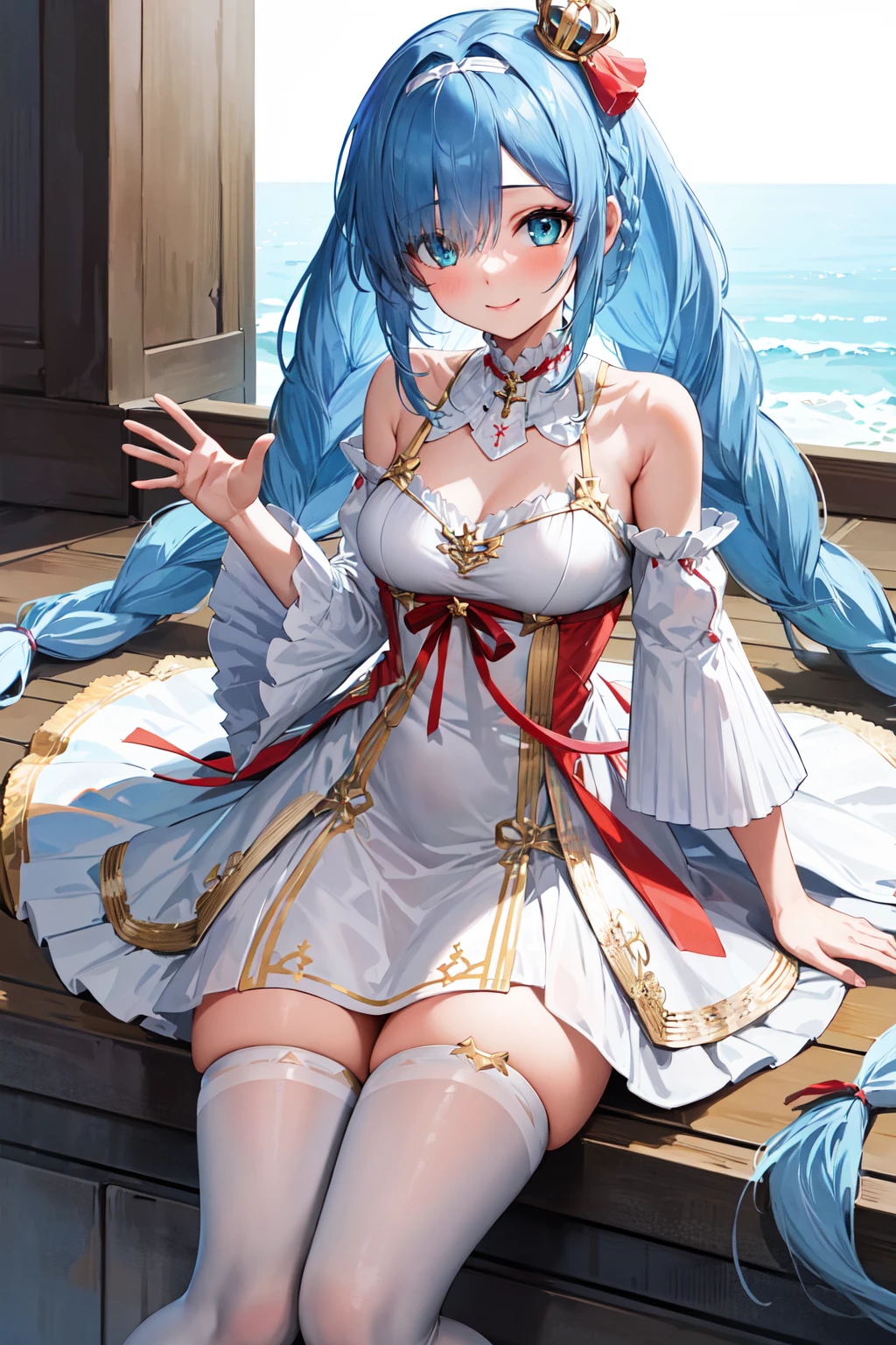 masterpiece, best quality, highres, 1girl, solo, very long hair, blue hair, twin braids, hair ribbon, white hairband, white ribbon, mini crown, blue eyes, bare shoulders, frilled dress, white dress, detached sleeves, white thighhighs, <lora:janus_v1:0.7>, waving, smile