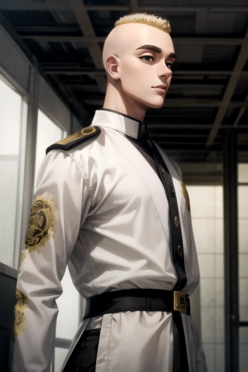 photorealistic, (4k), depth of field, (Masterpiece), (realistic skin texture), extremely detailed, intricate, hyper detailed, high resolution, professional photography, bokeh, depth of field, sharp detail, best quality, , 1boy, solo, male focus, <lora:yasuhiro_mutou:0.8>, yasuhiro_mutou, blonde hair, black eyes, short hair, bald, thick eyebrows, uniform, devil costume, ancient greece,