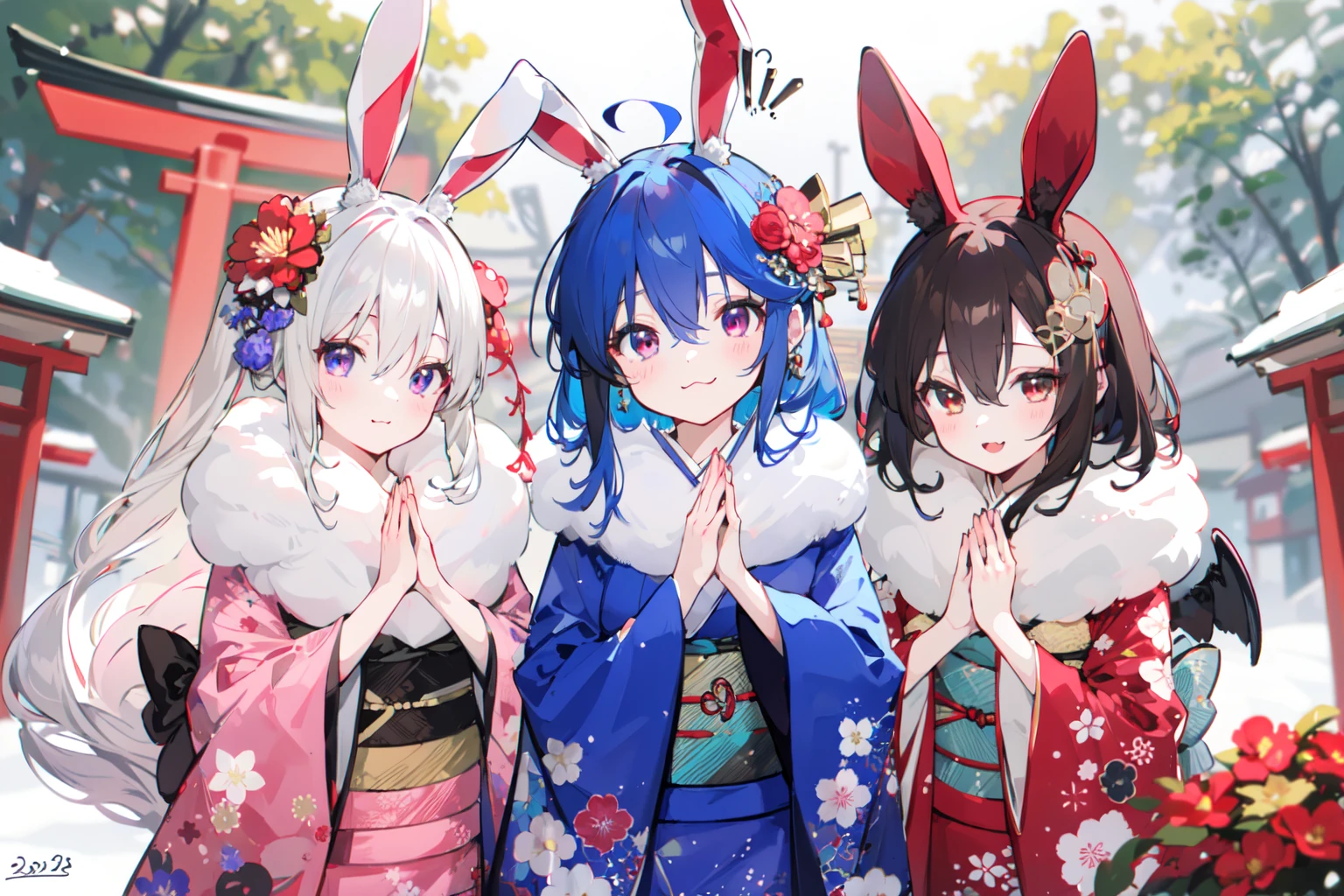 (masterpiece:1.2),best quality,PIXIV,
multiple girls,kimono,animal ears,japanese clothes,rabbit ears,shrine,cirno,own hands together,inaba tewi,donation box,flower,red kimono,reisen udongein inaba,smile,looking at viewer,3girls,blue hair,hair flower,outdoors,short hair,purple hair,:3,wide sleeves,hair ornament,day,red flower,praying,hair bow,sash,alternate costume,bow,bangs,brown hair,red eyes,sidelocks,long sleeves,blush,standing,box,obi,palms together,ice,long hair,floral print,rope,blue kimono,alternate hairstyle,holding,closed eyes,tree,torii,closed mouth,hair between eyes,brown eyes,shimenawa,rabbit,blue bow,yellow bow,black hair,ice wings,open mouth,new year,print kimono,fur collar,fur trim,wings,
<lora:happy new year_20240102112354-000018:0.8>,