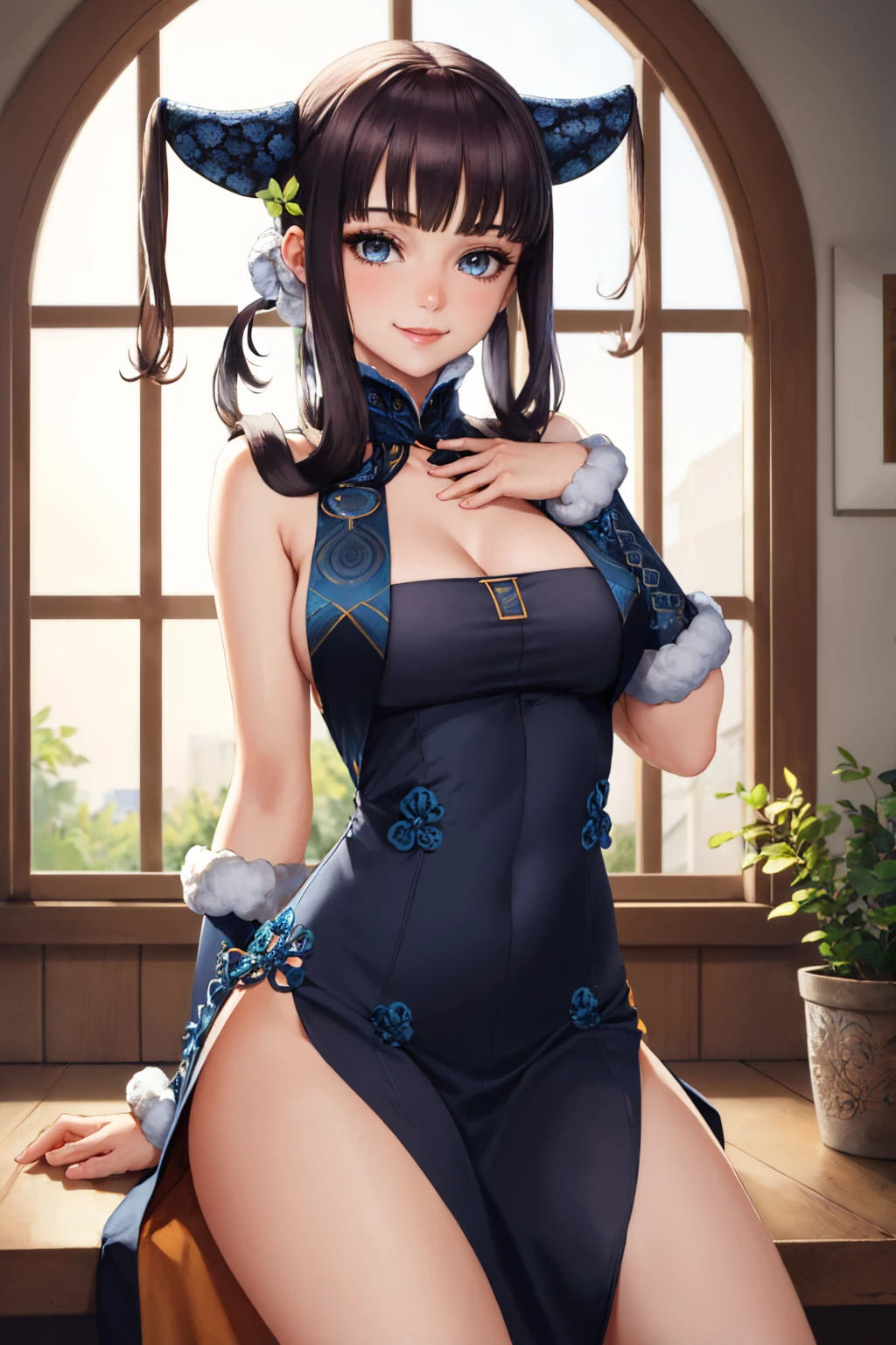 (masterpiece, best quality:1.2), solo, 1girl, yangst2, smile, looking at viewer, hands on own chest, twintails, leaf hair ornament, black dress, side slit, thighs, arm warmers, bare shoulders, cleavage, breasts <lora:fate_yangguifei-09:1>