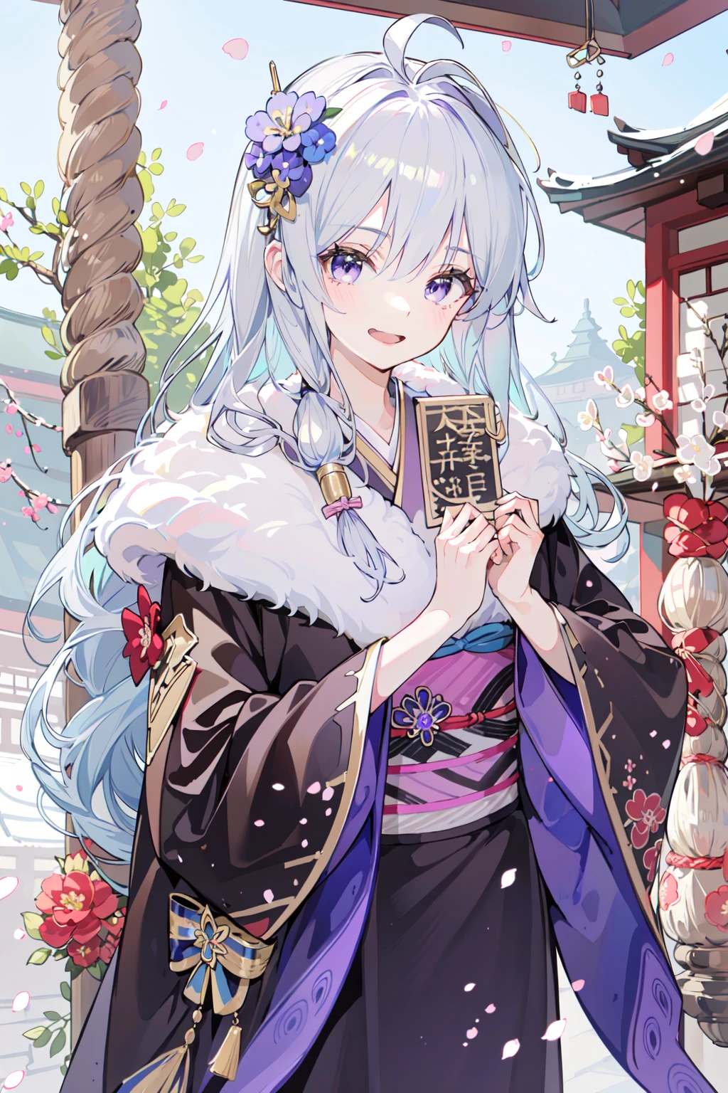 (masterpiece:1.2),best quality,PIXIV,Elaina,1girl,
japanese clothes,kimono,shrine,praying,hair ornament,long hair,purple hair,black hair,donation box,white hair,hair flower,flower,open mouth,smile,
<lora:happy new year_20240102112354-000018:0.8>,