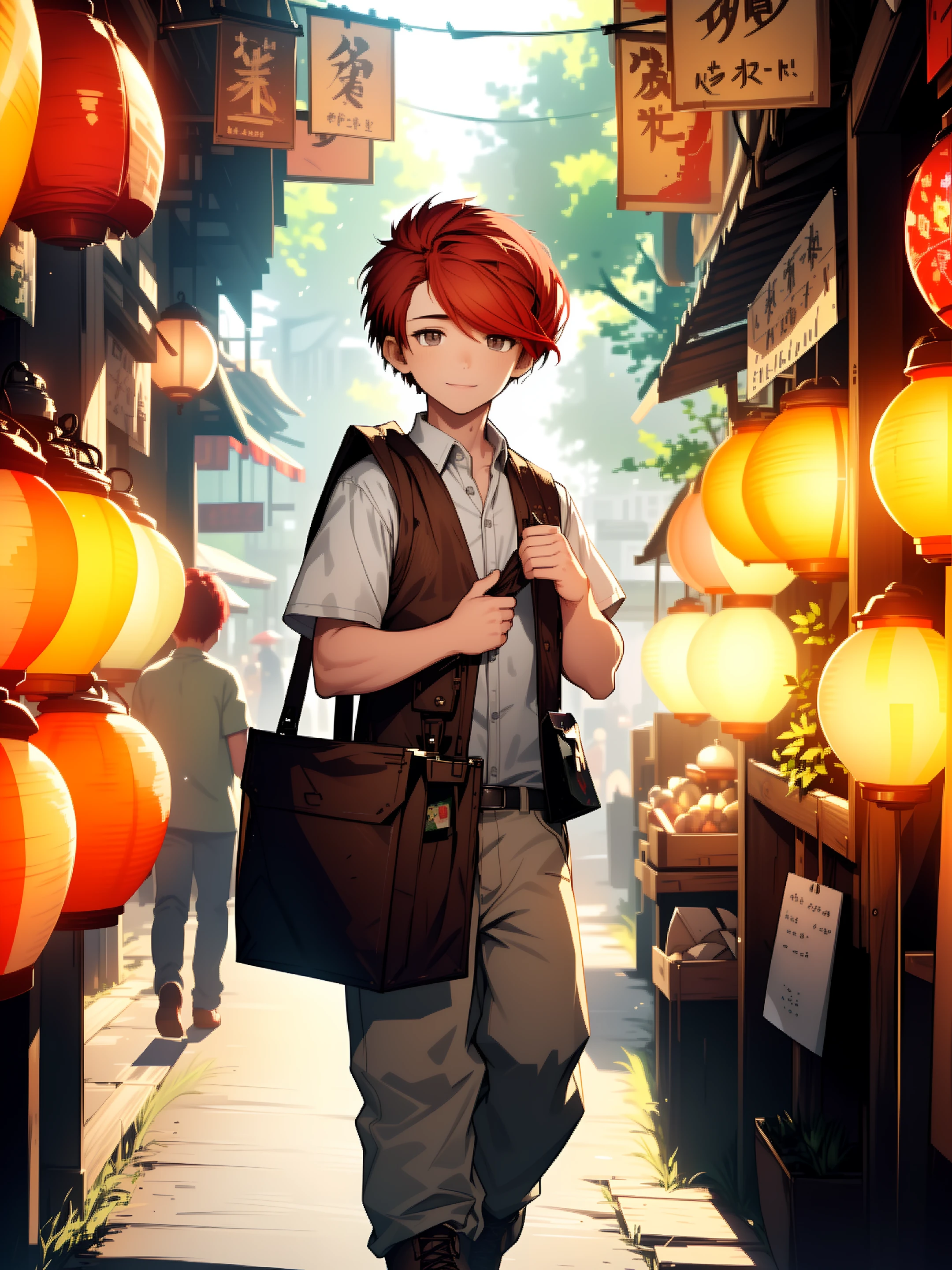 ((extremely detailed 8k illustration)), highres, (extremely detailed and beautiful background), ultra detailed painting, professional illustrasion, Ultra-precise depiction, Ultra-detailed depiction, (beautiful and aesthetic:1.2), HDR, (depth of field:1.4), colorful, vivid, beautiful detailed glow light particles, intricate:1.4, nice hands, perfect hands,
((male focus)), (((young boy))), (chibi), tan, muscular, (black eyes:1.2), (((red hair))), (very short hair:1.8), (curly hair), smile, ((Faded green:1.1 cotton shirt)) paired with ((off-white:1.1 canvas trousers)), (A vest in a (weathered grey tone:1.2) with ample large pouches), (Long brown boots),
A bustling marketplace in a fantasy realm filled with mystical shops, floating lanterns, magical creatures, and vendors selling enchanted goods.,