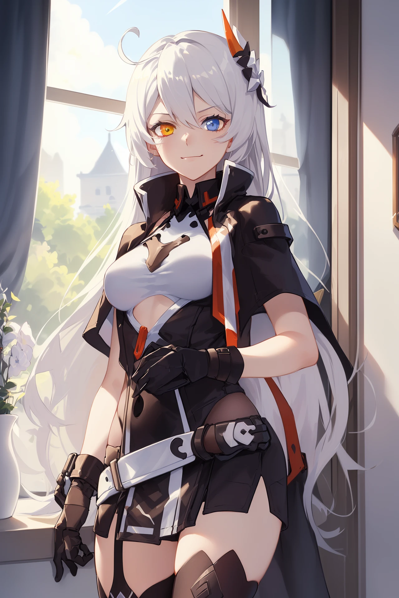 (masterpiece, best quality, high detailed, 8k uhd:1.2), <lora:KianaVD_V2-08:0.8>, kiana vd, 1girl, solo, slender,(medium breasts), (closed mouth, smirk, heterochromia:1.2), (long hair, white hair, hair ornament), (dress, thighhighs, cropped jacket:1.4), (armor, bare arms, asymmetrical gloves:1.2), (cowboy shot, looking at viewer:1.2), night, indoors